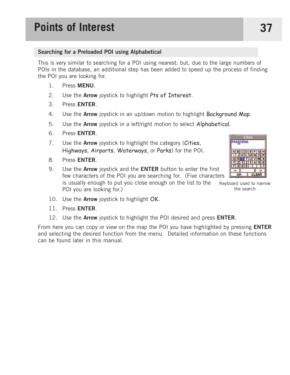 Searching for a preloaded poi using alphabetical, Points of interest 37 | Magellan eXplorist 500 User Manual | Page 44 / 119
