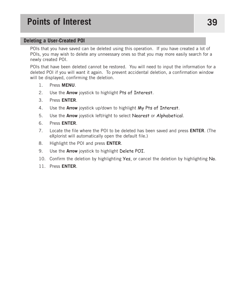 Deleting a user-created poi, Points of interest 39 | Magellan eXplorist 500 User Manual | Page 46 / 119