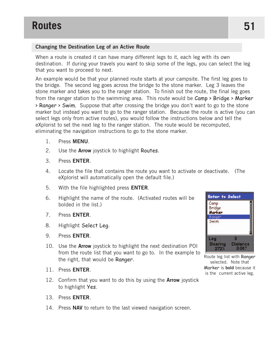 Changing the destination leg of an active route, Routes 51 | Magellan eXplorist 500 User Manual | Page 58 / 119