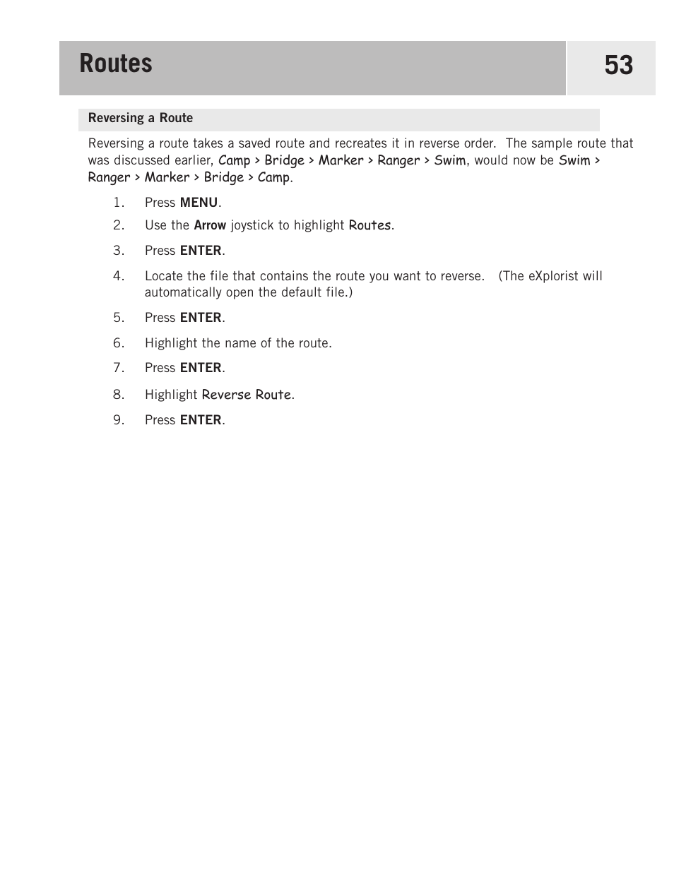 Reversing a route, Routes 53 | Magellan eXplorist 500 User Manual | Page 60 / 119