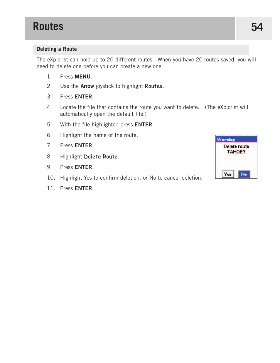 Deleting a route, Routes 54 | Magellan eXplorist 500 User Manual | Page 61 / 119