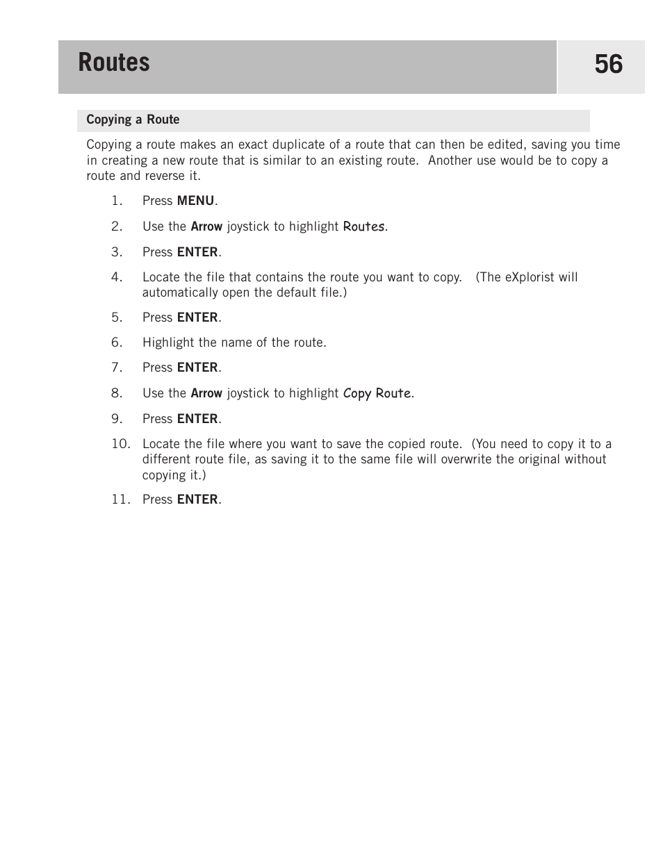 Copying a route, Routes 56 | Magellan eXplorist 500 User Manual | Page 63 / 119