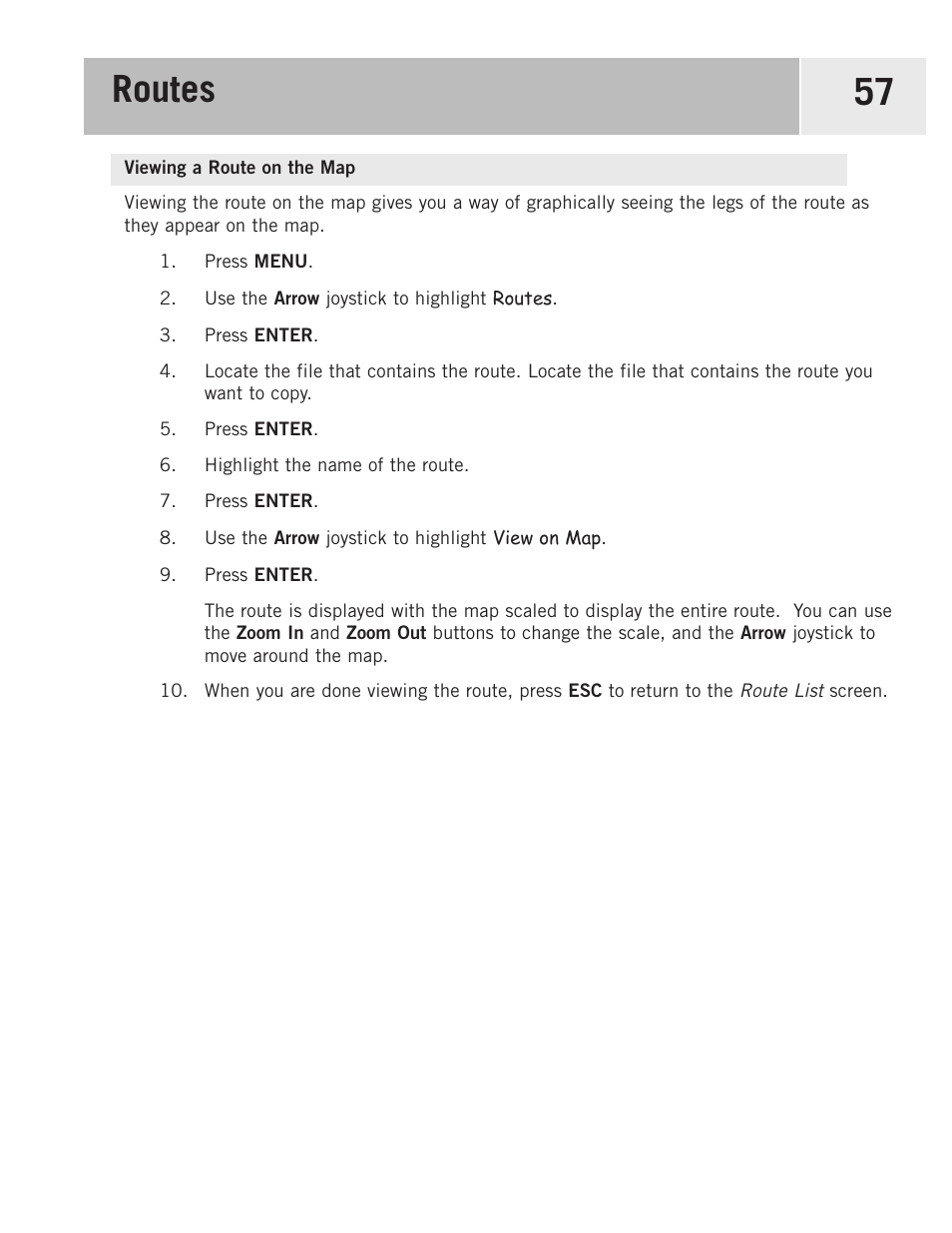 Viewing a route on the map, Routes 57 | Magellan eXplorist 500 User Manual | Page 64 / 119