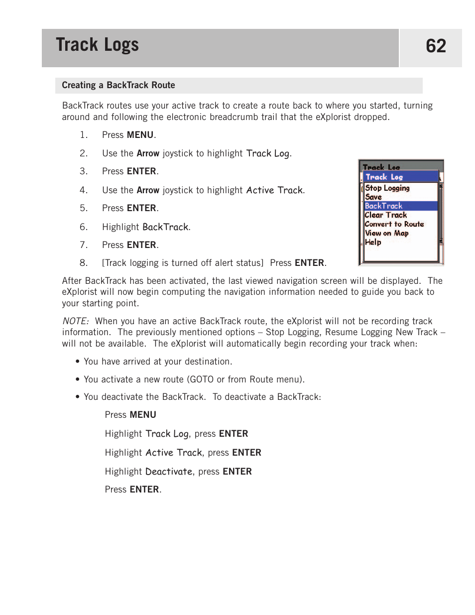 Creating a backtrack route, Track logs 62 | Magellan eXplorist 500 User Manual | Page 69 / 119