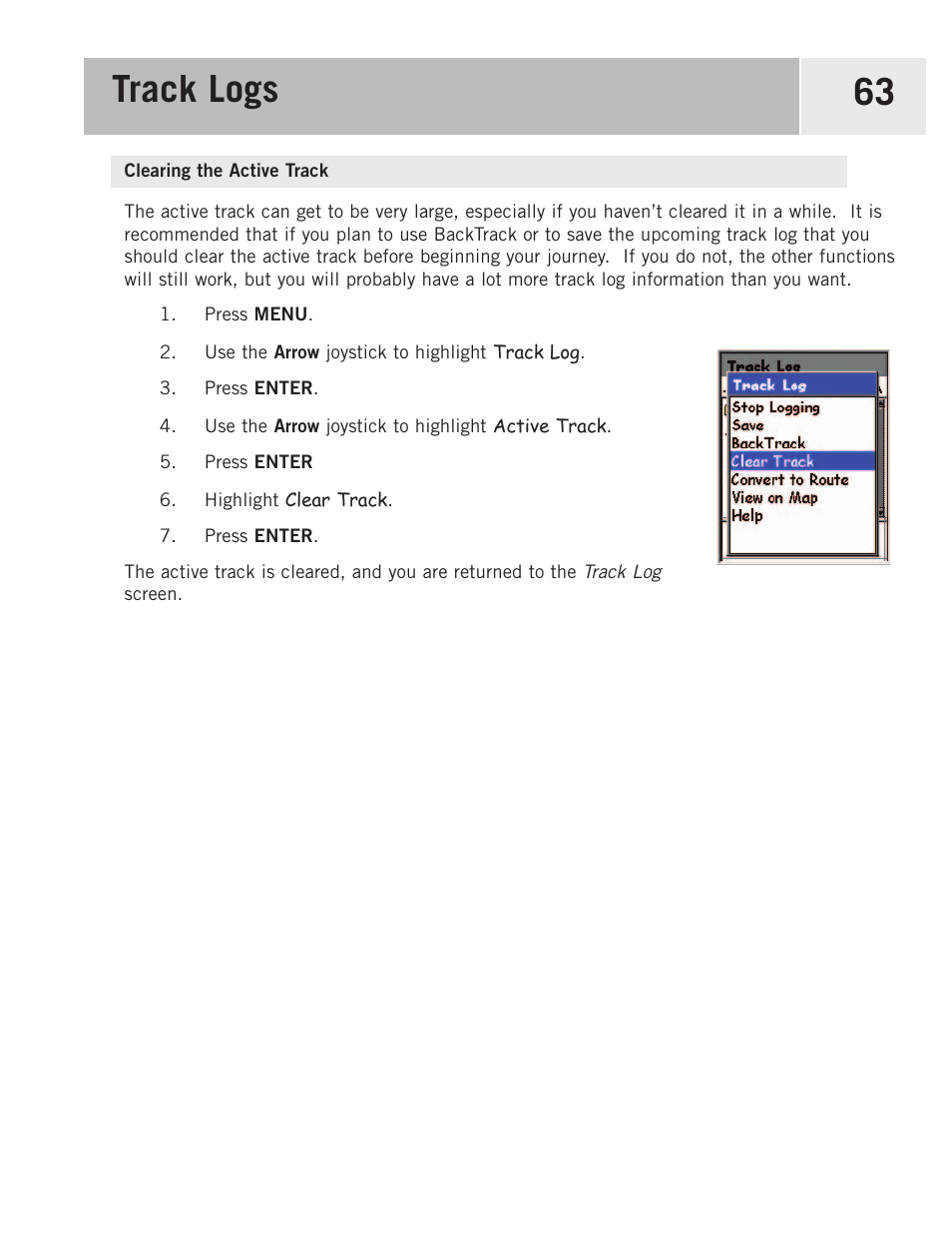 Clearing the active track, Track logs 63 | Magellan eXplorist 500 User Manual | Page 70 / 119