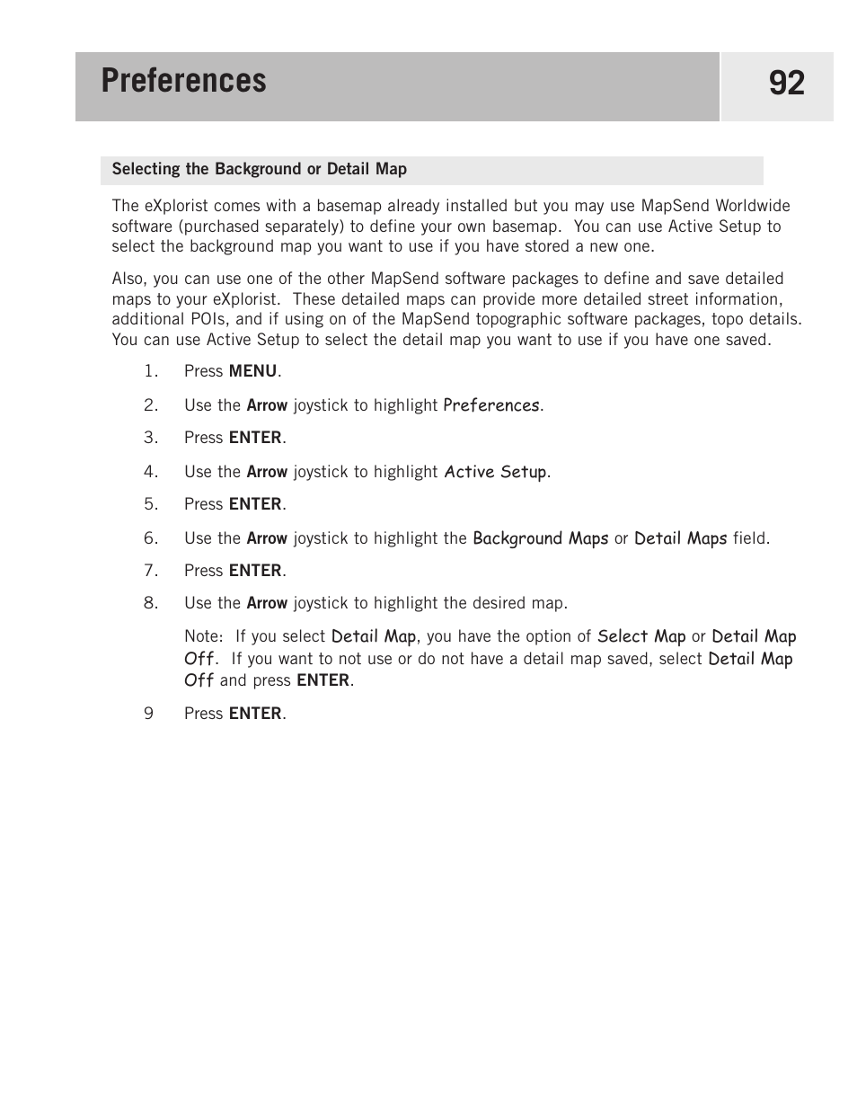Selecting the background or detail map, Preferences 92 | Magellan eXplorist 500 User Manual | Page 99 / 119