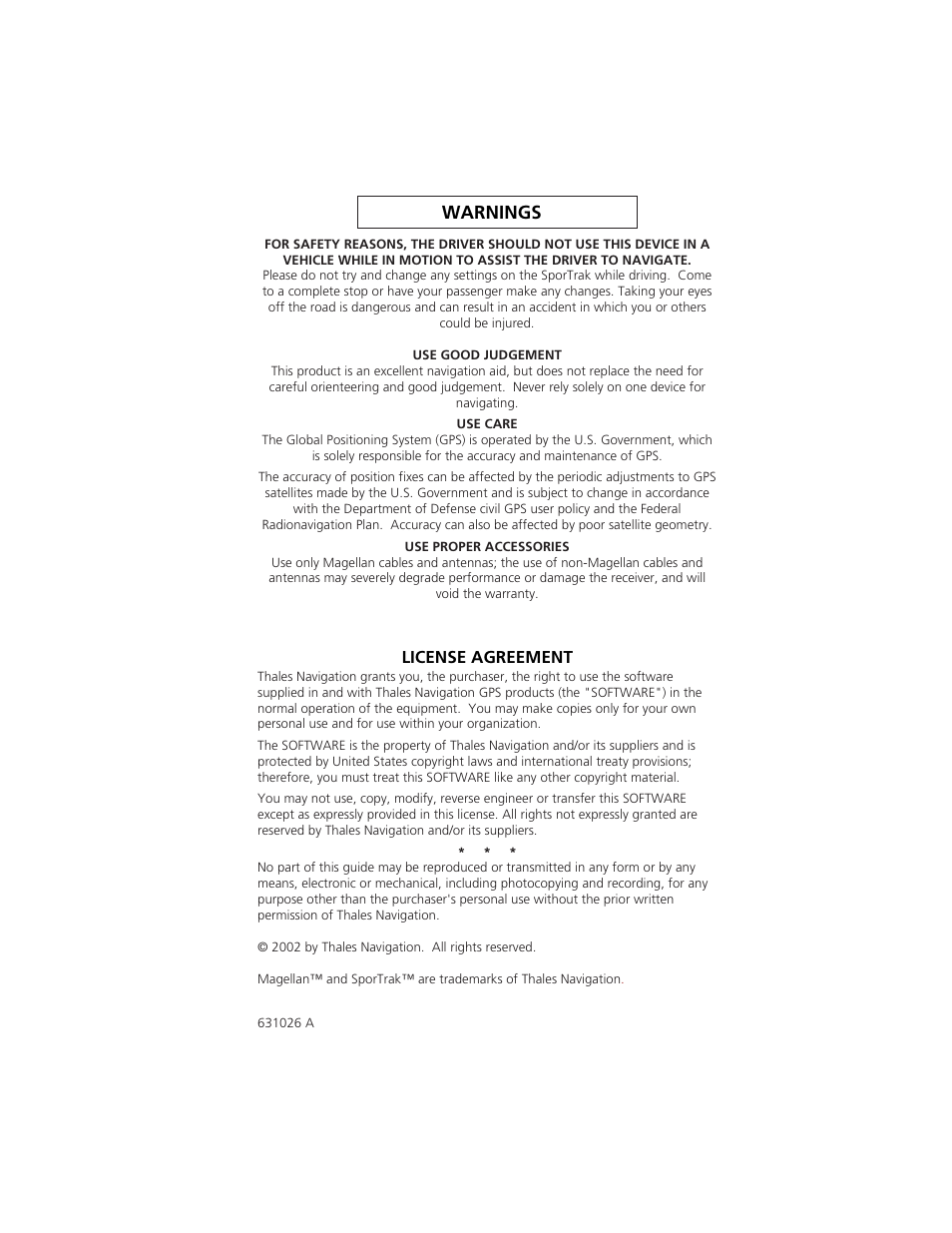 Warnings, License agreement | Magellan GPS receivers User Manual | Page 2 / 86