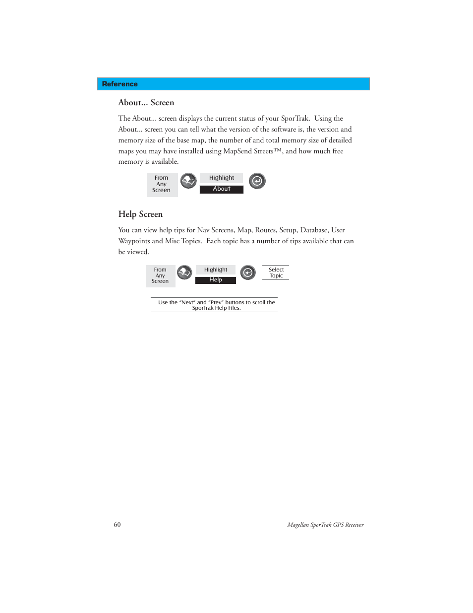 About... screen, Help screen | Magellan GPS receivers User Manual | Page 70 / 86