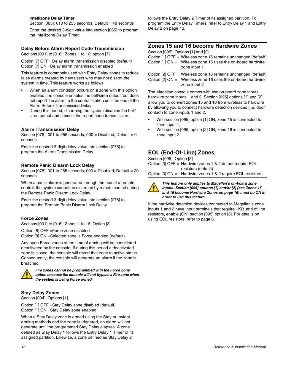 Zones 15 and 16 become hardwire zones, Eol (end-of-line) zones | Magellan All-In-One Security System V1.0 MG-6060 User Manual | Page 18 / 48