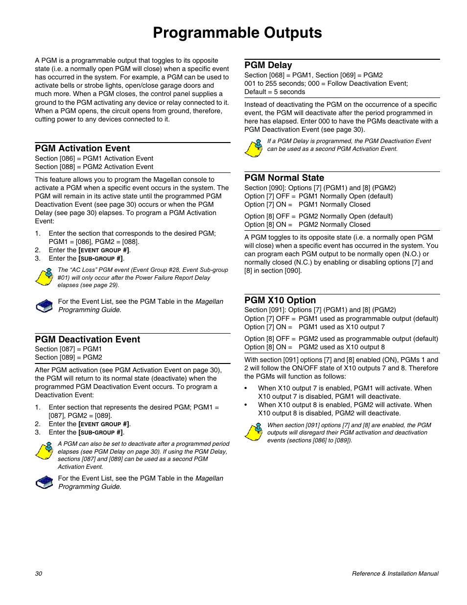 Programmable outputs, Pgm activation event, Pgm deactivation event | Pgm delay, Pgm normal state, Pgm x10 option | Magellan All-In-One Security System V1.0 MG-6060 User Manual | Page 32 / 48