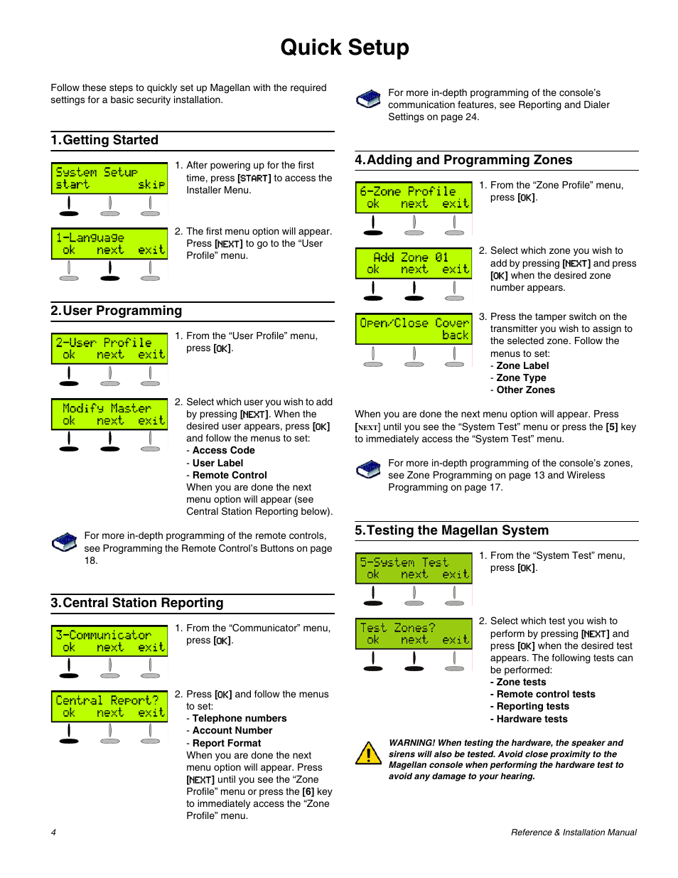 Quick setup, Getting started, User programming | Central station reporting, Adding and programming zones, Testing the magellan system | Magellan All-In-One Security System V1.0 MG-6060 User Manual | Page 6 / 48