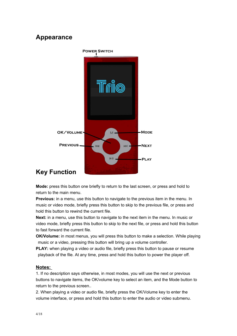Appearance key function | Mach Speed Technologies TRIO G2 User Manual | Page 4 / 18