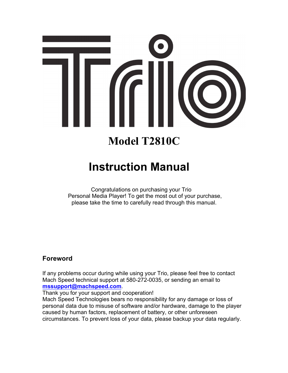 Mach Speed Technologies T2810C User Manual | 28 pages