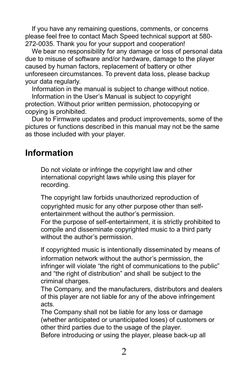 Information | Mach Speed Technologies TRIO-V818 User Manual | Page 2 / 22