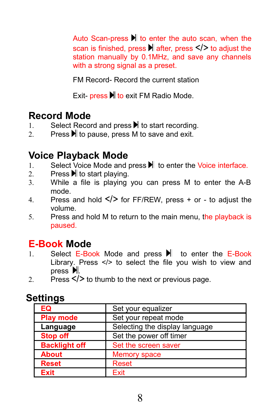 Record mode, Voice playback mode, E-book mode | Settings | Mach Speed Technologies TRIO-V818 User Manual | Page 8 / 22