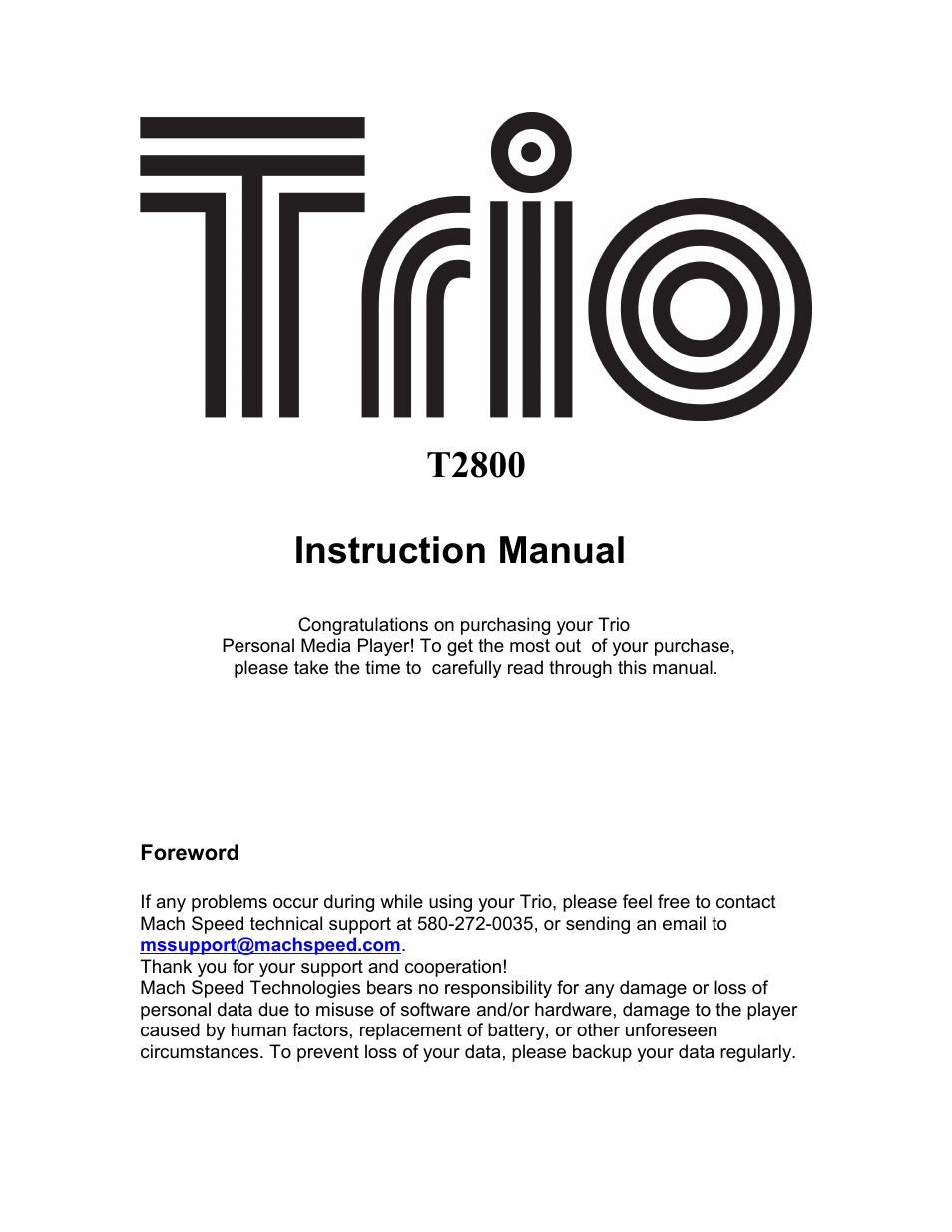 Mach Speed Technologies T2800 User Manual | 24 pages