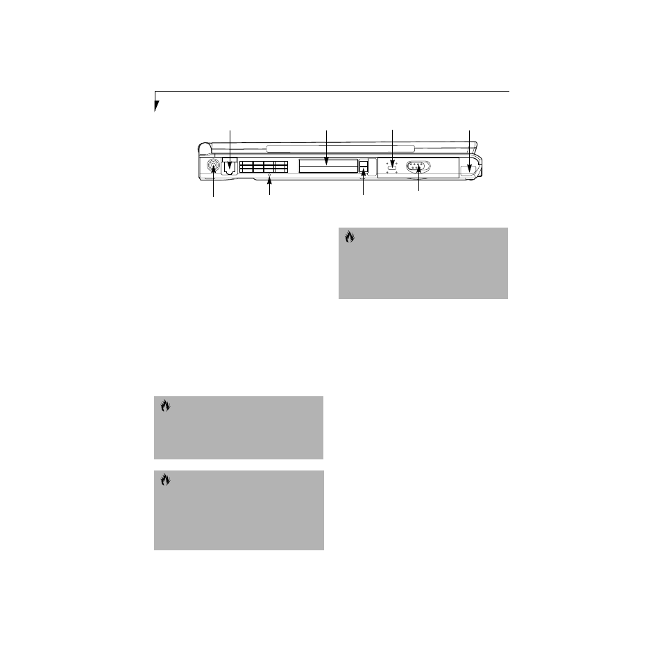 Left-side panel components, Dc power jack, Communications port | Reset switch, Pc card slots, Anti-theft lock slot, Internal hard drive release button, Infrared port | Made By Humans E Series User Manual | Page 21 / 122