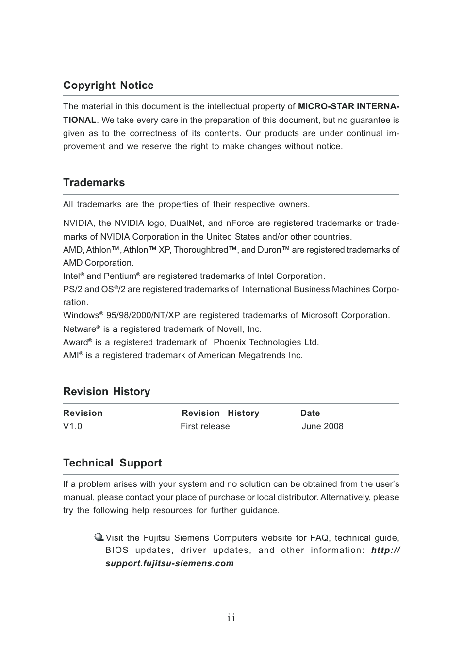 I i copyright notice, Trademarks, Revision history | Technical support | MSI NVIDIA MS-7504PV User Manual | Page 2 / 50