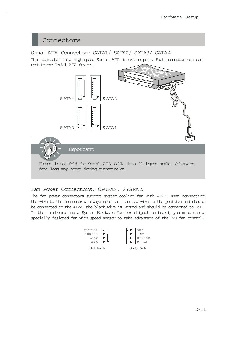 Connectors, Serial ata connector: sata1/ sata2/ sata3/ sata4, Fan power connectors: cpufan, sysfa n | Important | MSI NVIDIA MS-7504PV User Manual | Page 23 / 50