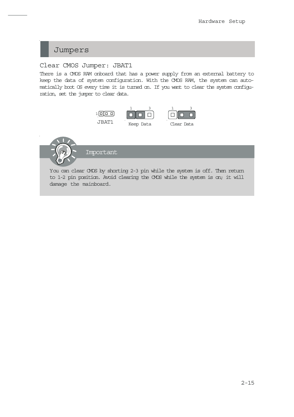 Jumpers, Clear cmos jumper: jbat1, Important | MSI NVIDIA MS-7504PV User Manual | Page 27 / 50