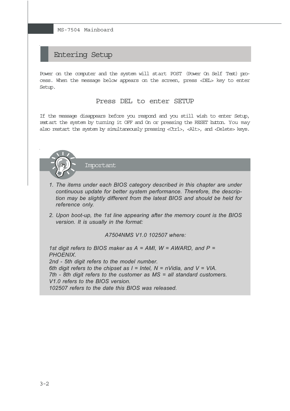 Entering setup, Press del to enter setup | MSI NVIDIA MS-7504PV User Manual | Page 30 / 50