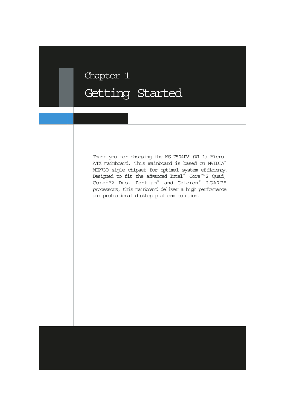 Chapter 1 getting started, Getting started, Chapter 1 | MSI NVIDIA MS-7504PV User Manual | Page 9 / 50