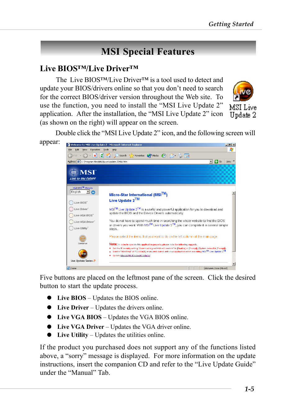 Msi special features, Live bios™/live driver | MSI G52-M6570XA-G22 User Manual | Page 12 / 116