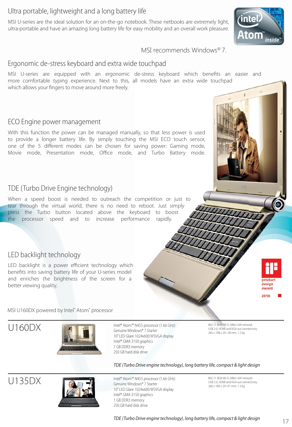 U135dx, U160dx, Eco engine power management | Tde (turbo drive engine technology), Led backlight technology | MSI FX620DX User Manual | Page 17 / 32