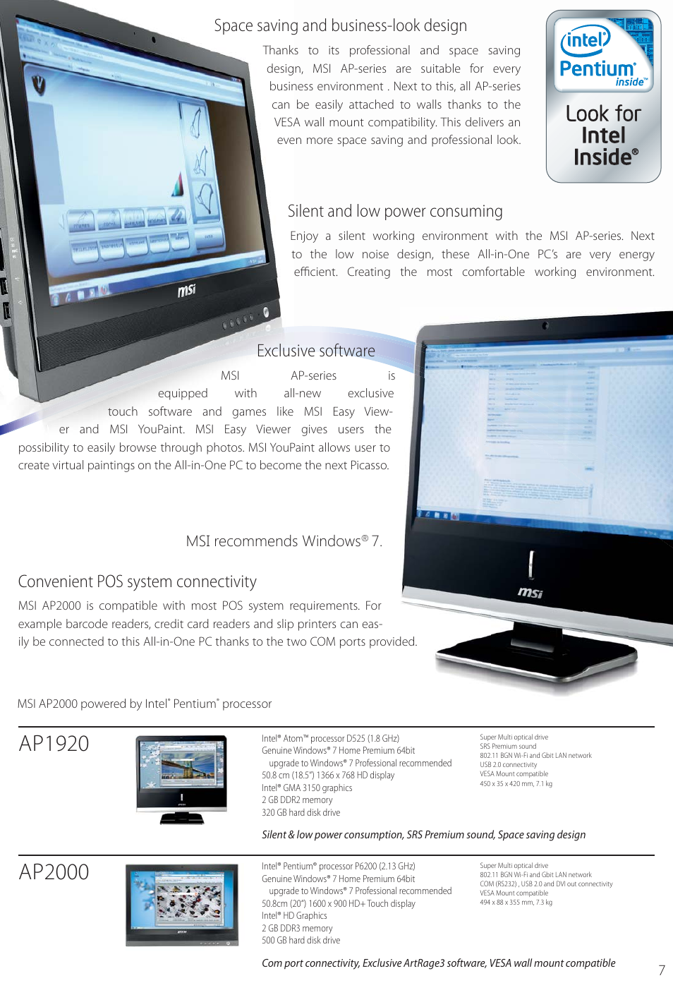 Ap1920, Ap2000, Convenient pos system connectivity | Space saving and business-look design, Silent and low power consuming, Exclusive software | MSI FX620DX User Manual | Page 29 / 32