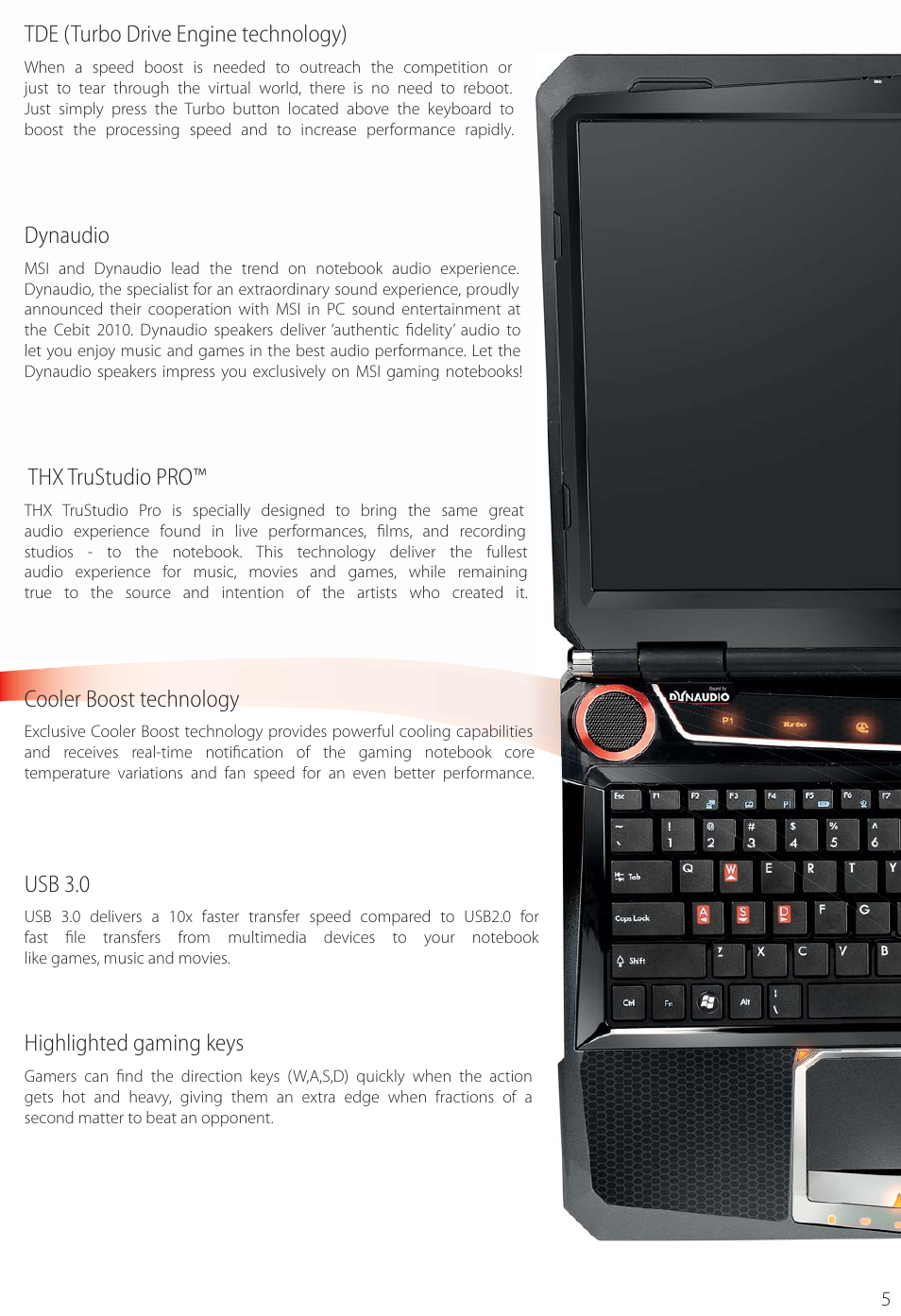 Tde (turbo drive engine technology), Dynaudio, Thx trustudio pro | Cooler boost technology, Usb 3.0, Highlighted gaming keys | MSI FX620DX User Manual | Page 5 / 32