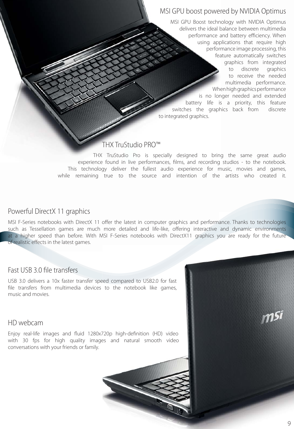 Thx trustudio pro, Msi gpu boost powered by nvidia optimus, Powerful directx 11 graphics | Fast usb 3.0 fi le transfers, Hd webcam | MSI FX620DX User Manual | Page 9 / 32