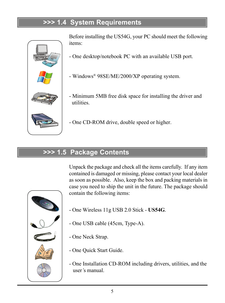 4 system requirements, 5 package contents | MSI US54G User Manual | Page 10 / 41