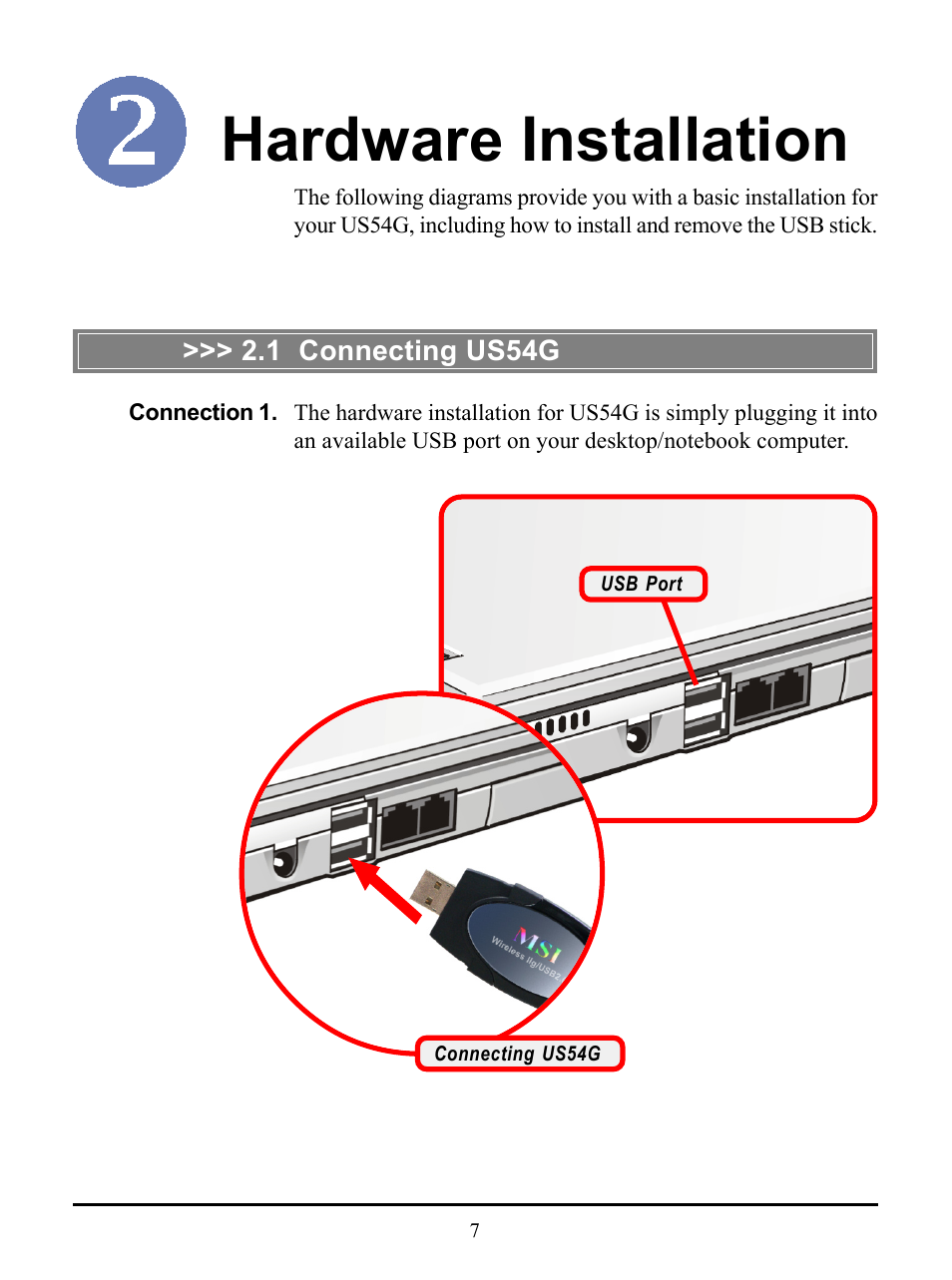 Hardware installation, 1 connecting us54g | MSI US54G User Manual | Page 12 / 41