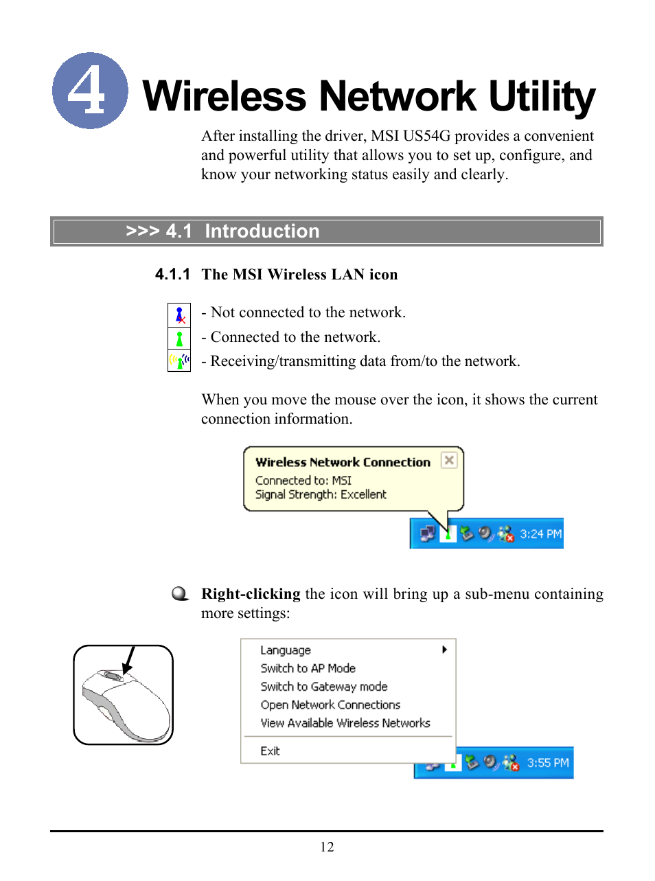 Wireless network utility, 1 introduction, 1 the msi wireless lan icon | MSI US54G User Manual | Page 17 / 41