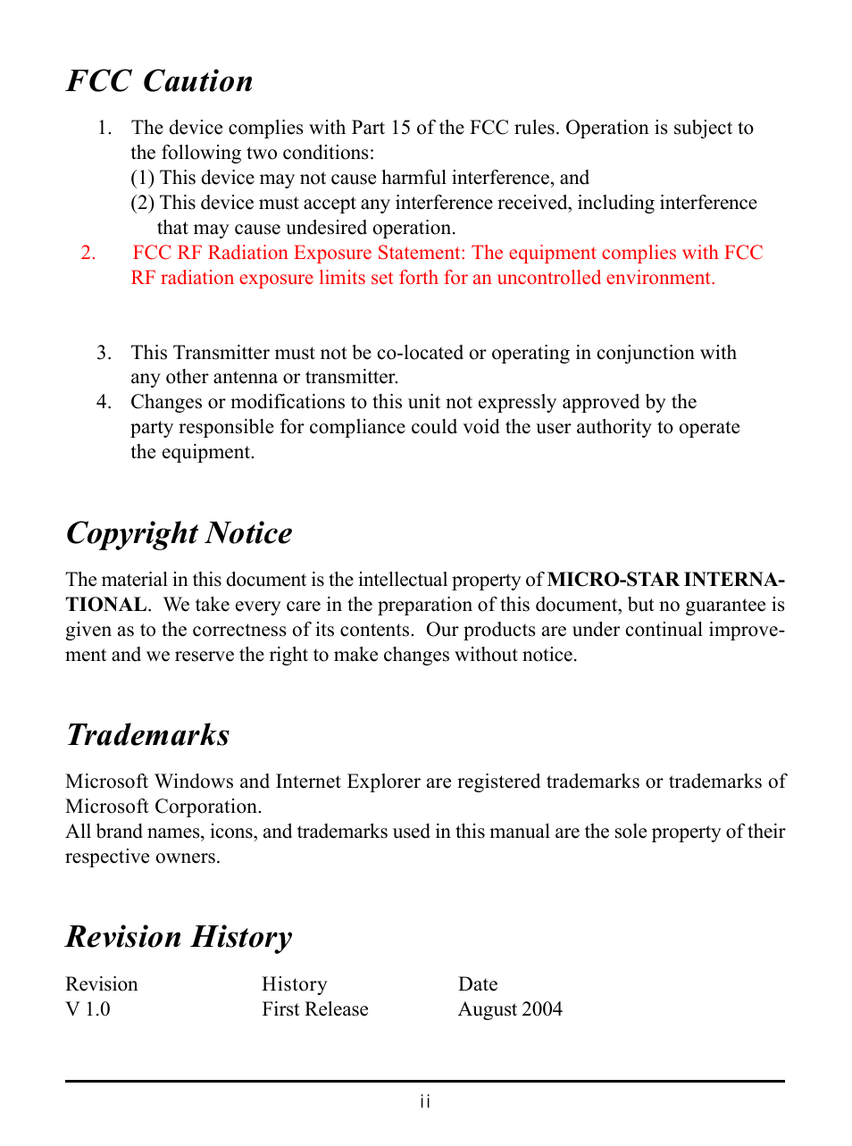 Fcc caution, Copyright notice, Trademarks | Revision history | MSI US54G User Manual | Page 2 / 41