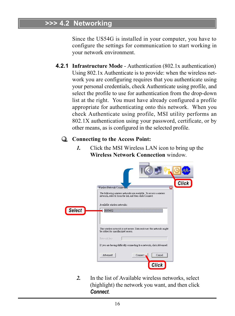 2 networking, 1 infrastructure mode | MSI US54G User Manual | Page 21 / 41