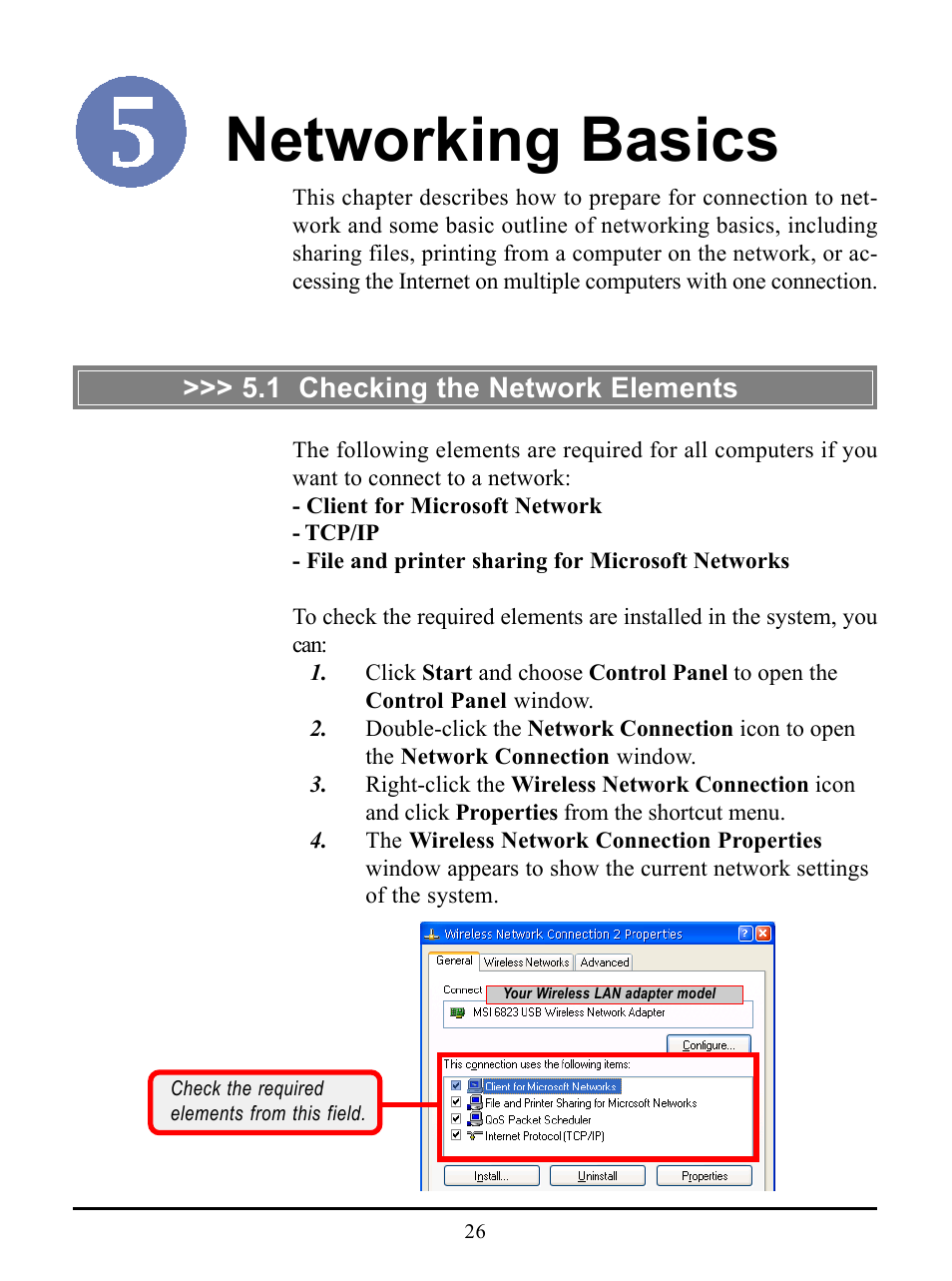 Networking basics, 1 checking the network elements | MSI US54G User Manual | Page 31 / 41
