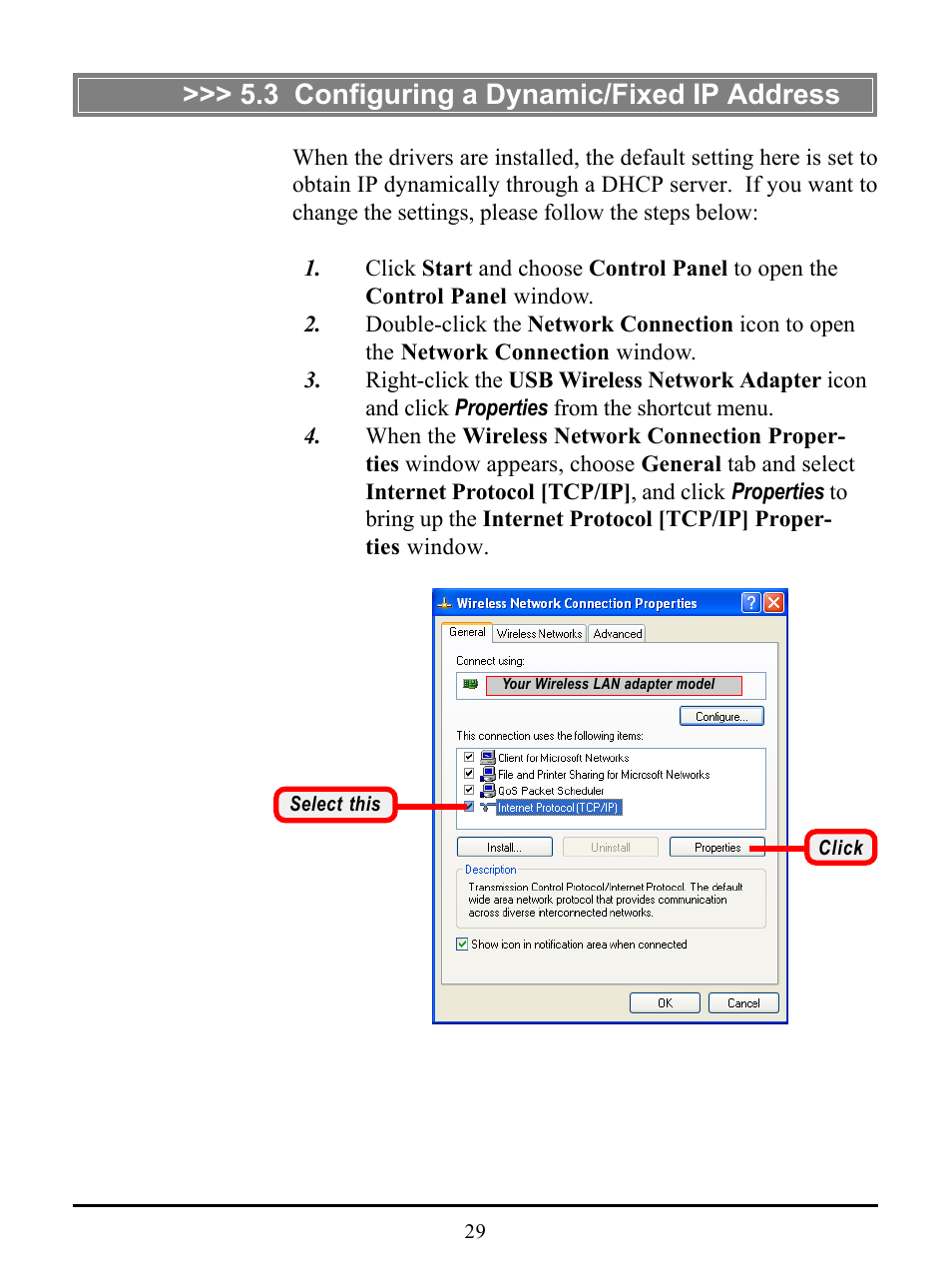 3 configuring a dynamic/fixed ip address | MSI US54G User Manual | Page 34 / 41