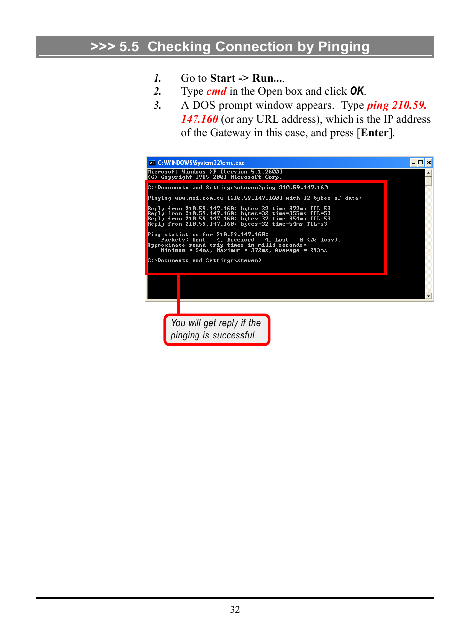 5 checking connection by pinging | MSI US54G User Manual | Page 37 / 41