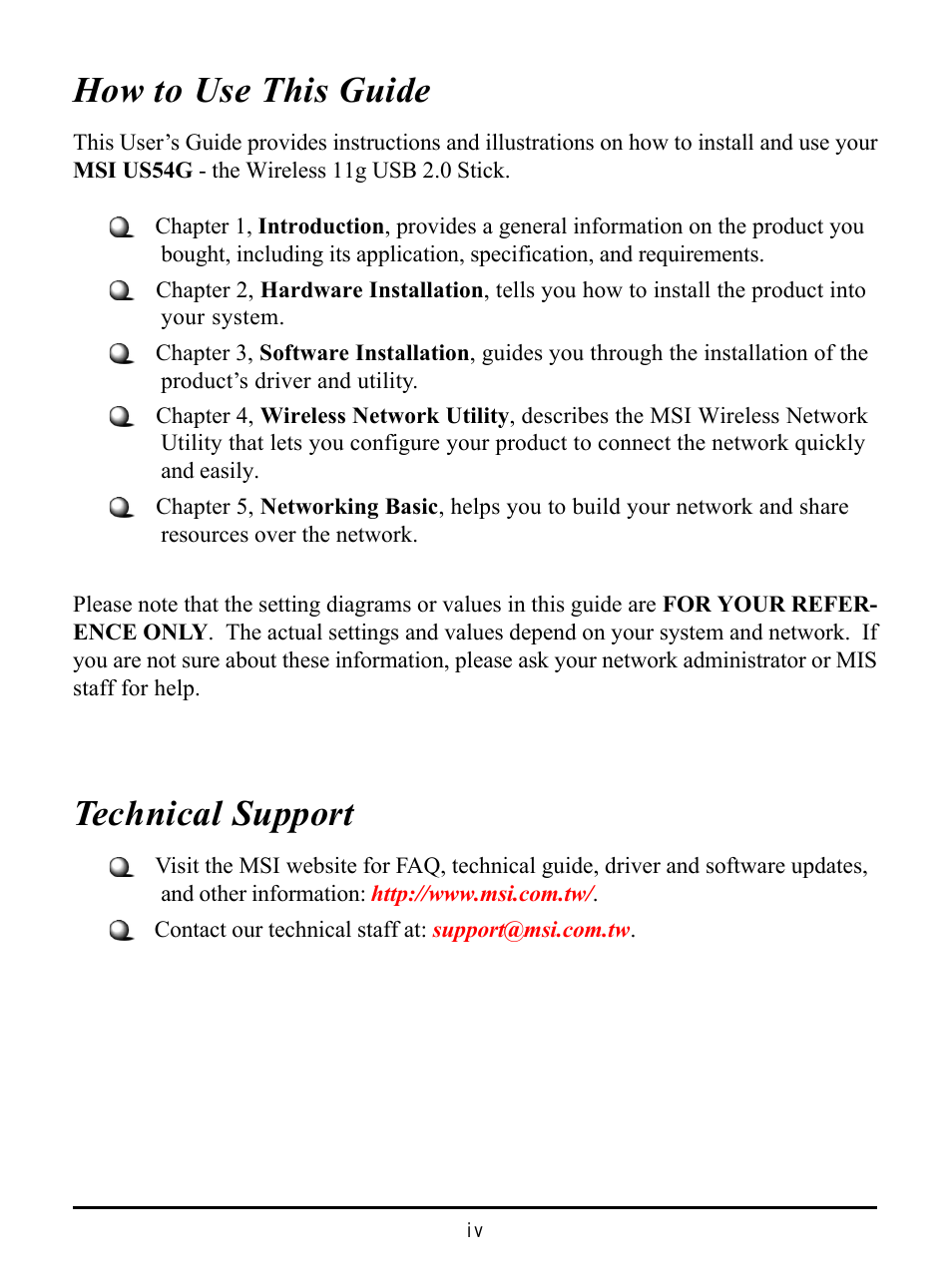 How to use this guide, Technical support | MSI US54G User Manual | Page 4 / 41