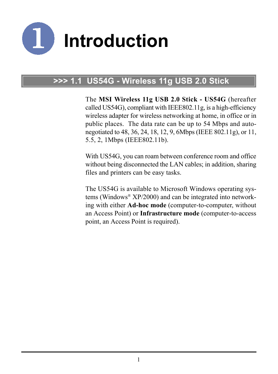 Introduction, 1 us54g - wireless 11g usb 2.0 adapter | MSI US54G User Manual | Page 6 / 41