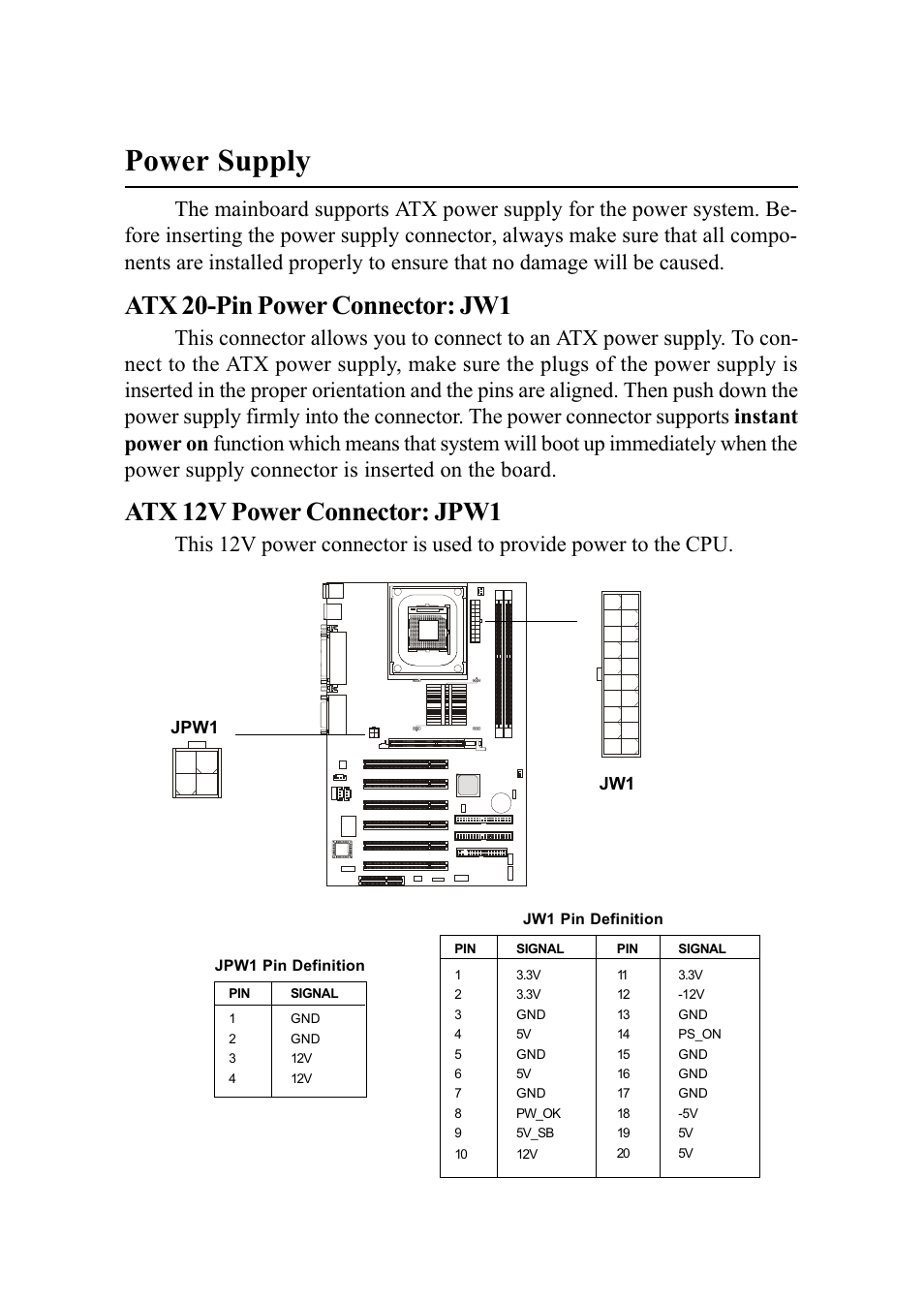 Power supply, Atx 20-pin power connector: jw1, Atx 12v power connector: jpw1 | MSI MS-6566 User Manual | Page 24 / 85