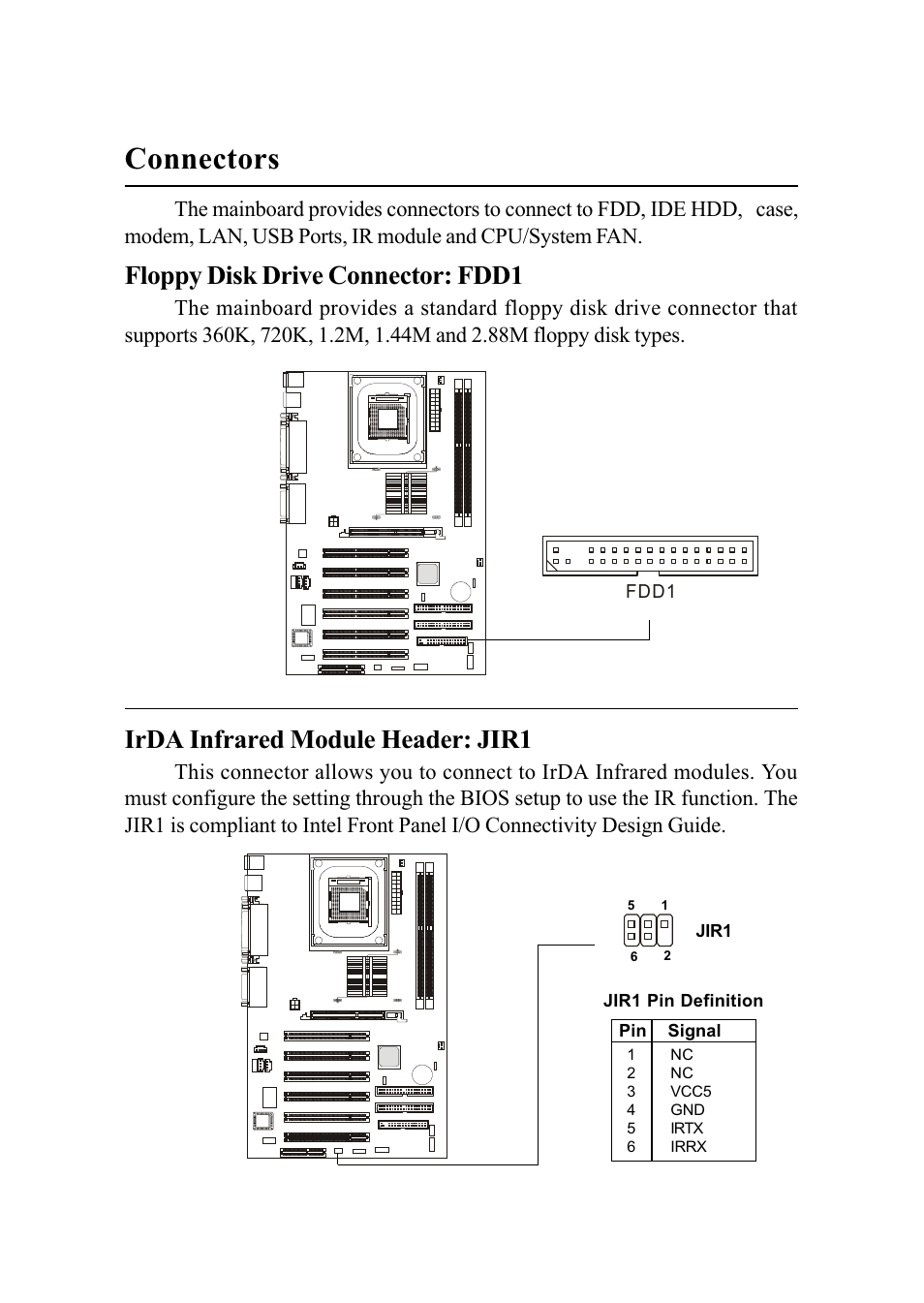 Connectors, Floppy disk drive connector: fdd1, Irda infrared module header: jir1 | MSI MS-6566 User Manual | Page 29 / 85