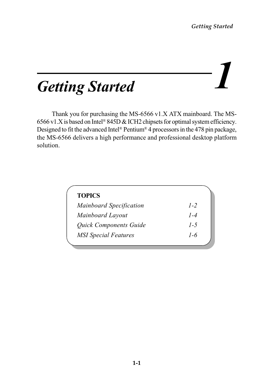 Chapter 1. getting started, Getting started | MSI MS-6566 User Manual | Page 8 / 85