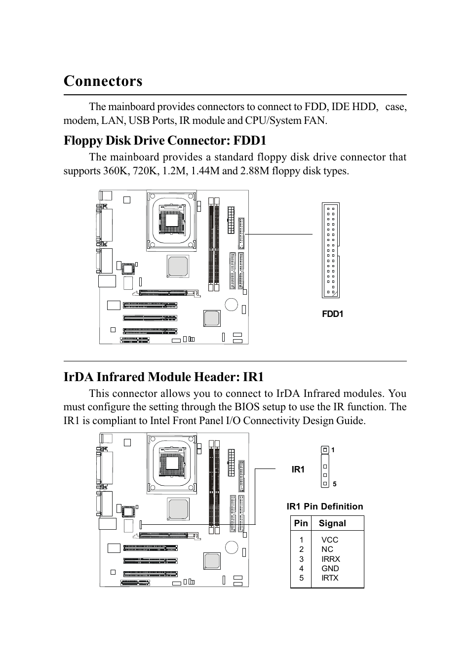 Connectors, Floppy disk drive connector: fdd1, Irda infrared module header: ir1 | MSI G52-MA00542 User Manual | Page 26 / 68