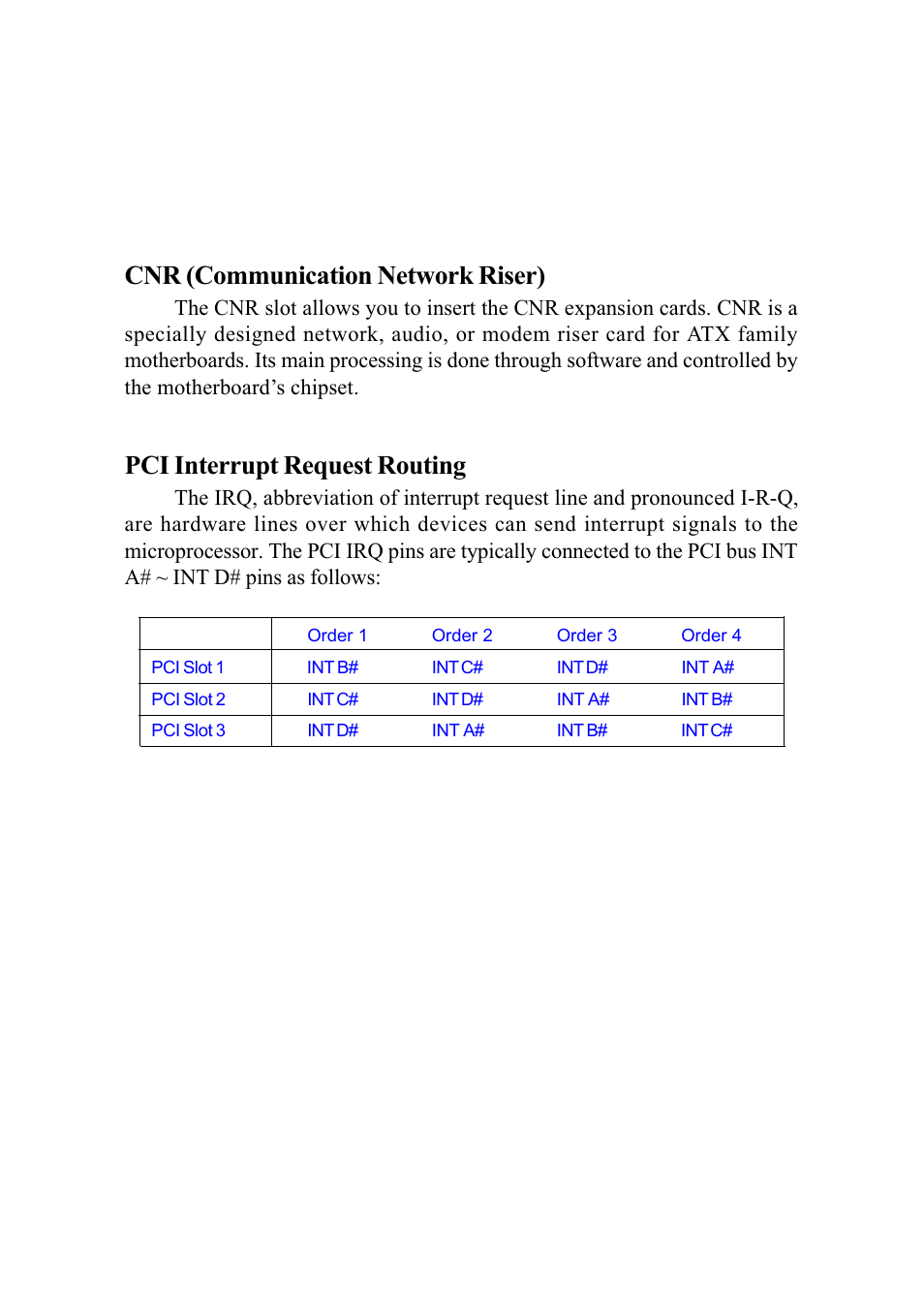 Cnr (communication network riser), Pci interrupt request routing | MSI G52-MA00542 User Manual | Page 38 / 68