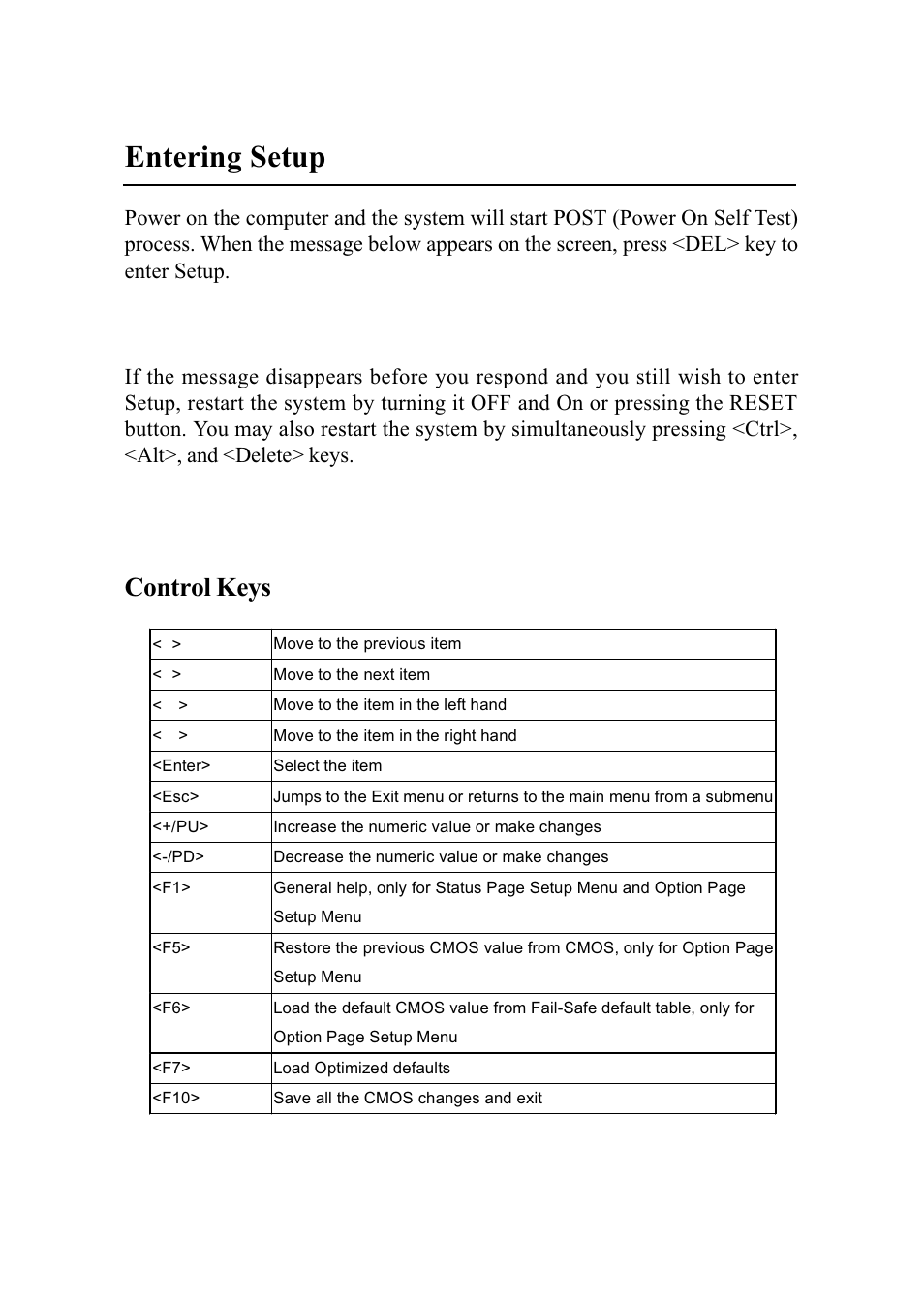 Entering setup, Control keys | MSI G52-MA00542 User Manual | Page 40 / 68
