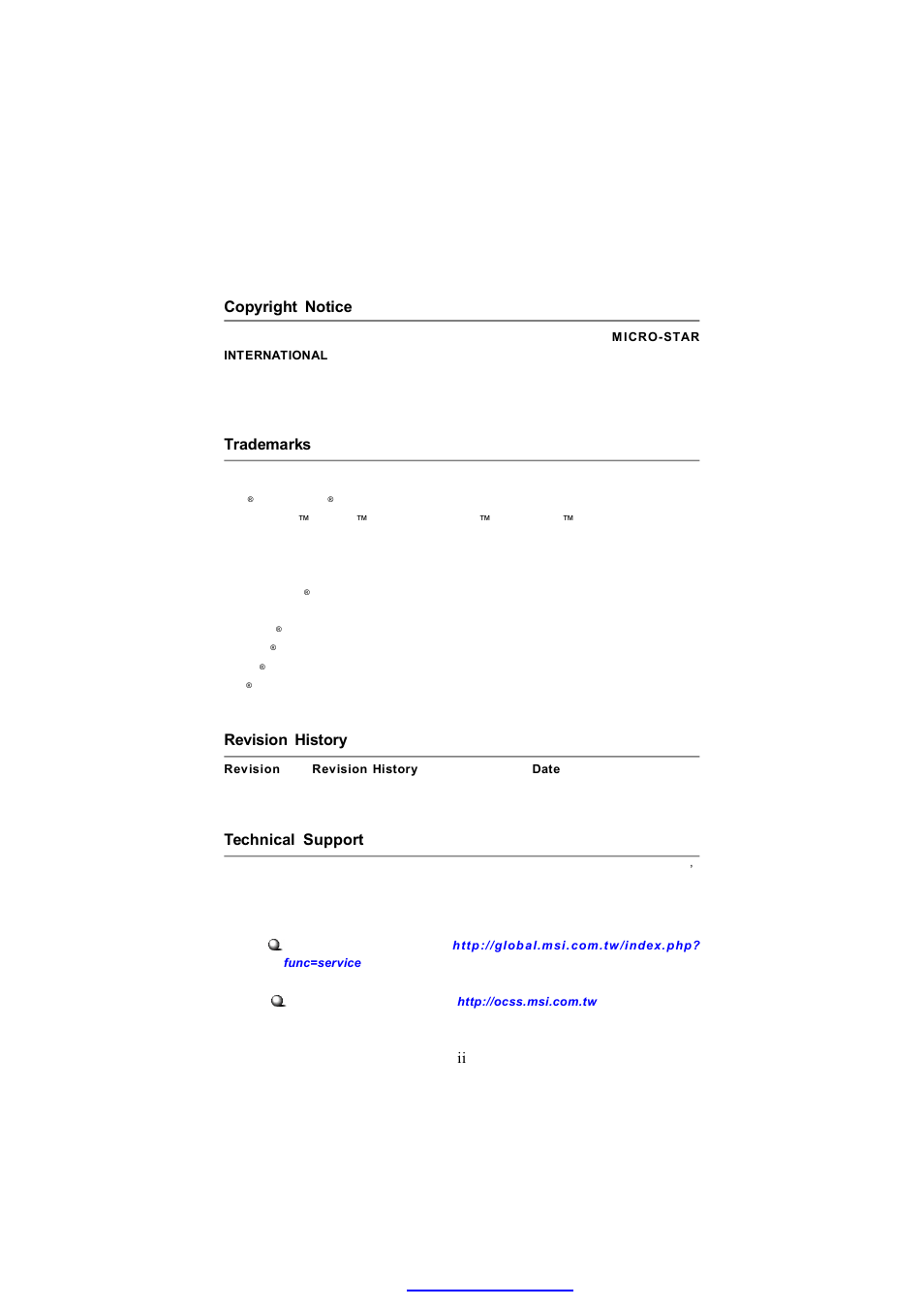 Ii copyright notice, Trademarks, Revision history | Technical support | MSI IM-945GSE SERIES MS-9830 User Manual | Page 2 / 83