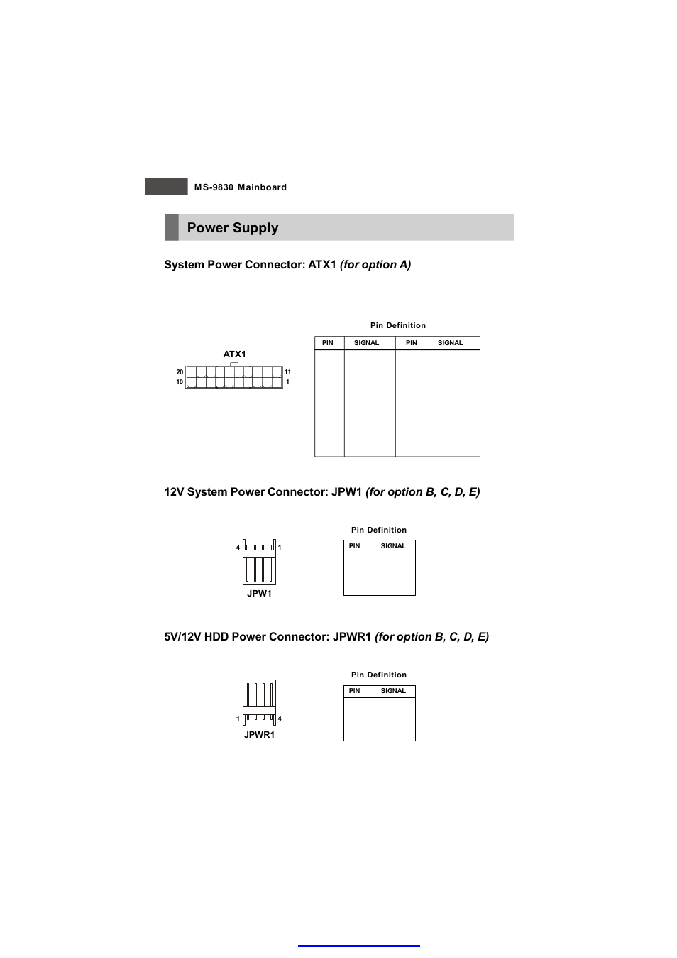 Power supply, System power connector: atx1 (for option a) | MSI IM-945GSE SERIES MS-9830 User Manual | Page 32 / 83