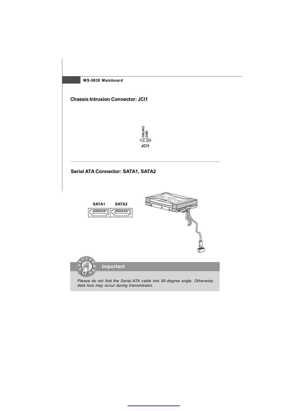 Serial ata connector: sata1, sata2, Important, Chassis intrusion connector: jci1 | MSI IM-945GSE SERIES MS-9830 User Manual | Page 40 / 83